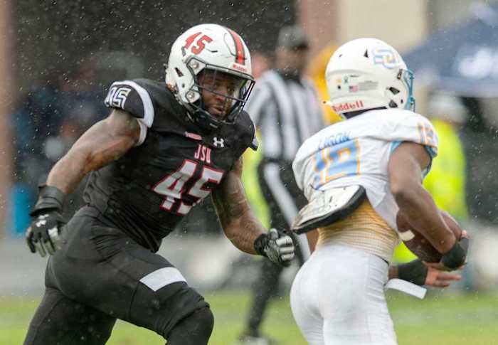 JSU linebacker Aubrey Miller Jr. (45) goes after Southern running back Karl Ligon (19) in Jackson Miss., Saturday, Oct. 29, 2022. Tcl Jsu Southern